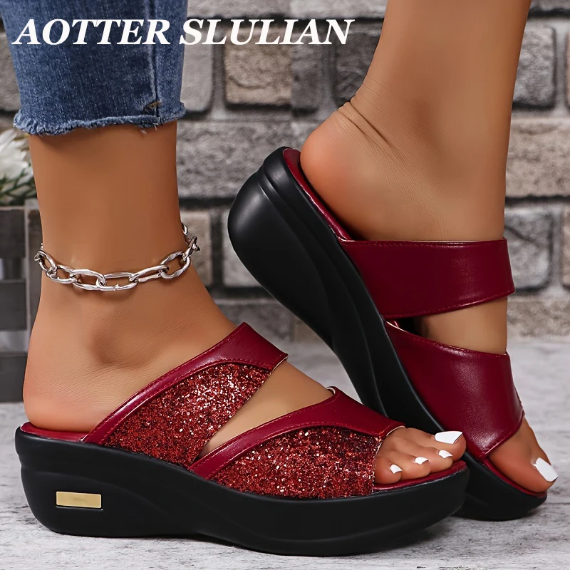 Summer Sandals Gold Open Toe Sandals Dress Shoes For Women High Heels Casual Slippers Platform Wedges Heeled Pumps Ladies Shoes