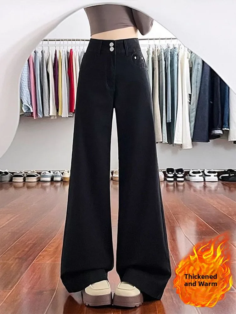 Women's Flared Jeans High Waist Thiened Fce Winter New Sle Dragging Pants Wide Leg Pants Casual Cotton Blend Denim