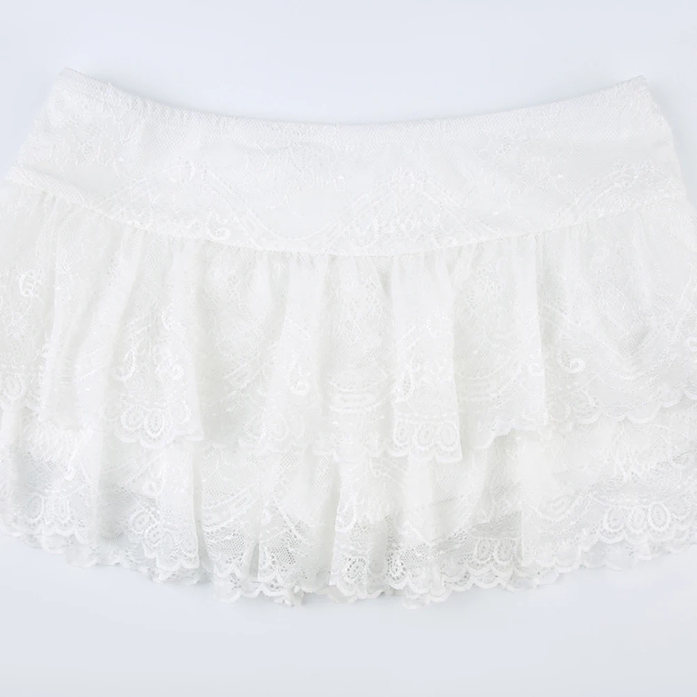 ผู้หญิง Y2K Low Rise กระโปรงมินิกระโปรงฉัตร Ruffled Lace Trim กระโปรงสั้นสีขาวฤดูร้อนสตรีสาววัยรุ่นผู้หญิง Barbiecore ชุด