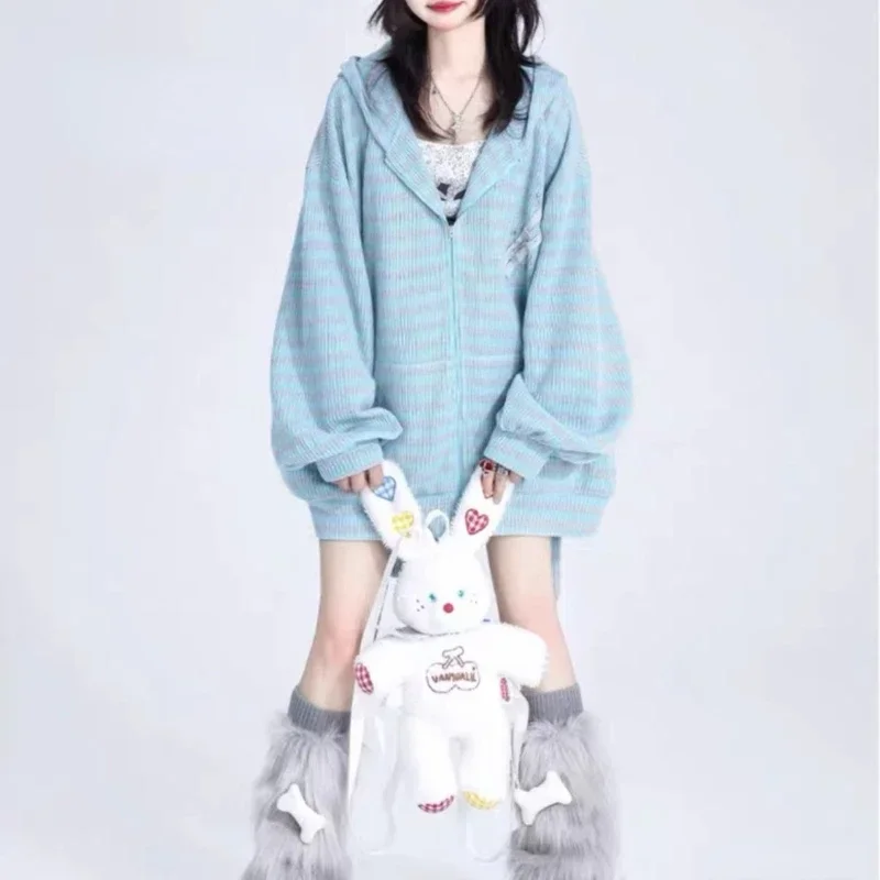 Deeptown Kawaii Hasen ohr gestreifte gestrickte Hoodies Frauen Harajuku Y2k Reiß verschluss Sweatshirts japanischen Stil Herbst Winter Hoodies