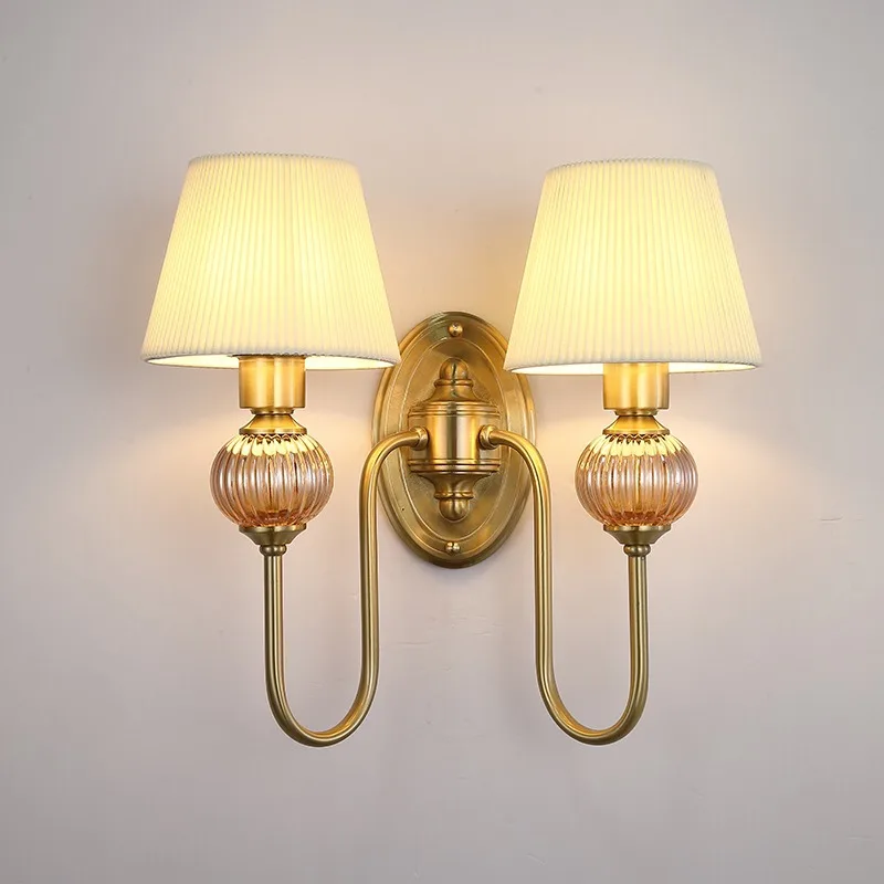All-copper American simple living room household double-headed wall lamp post-modern light luxury high-end bedroom bedside lamp