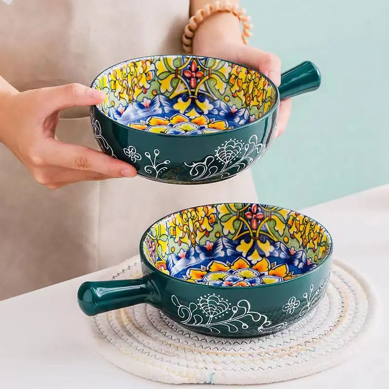 Ceramic handle bowl household creative tableware with handle instant noodles Bowl oven baking Bowl