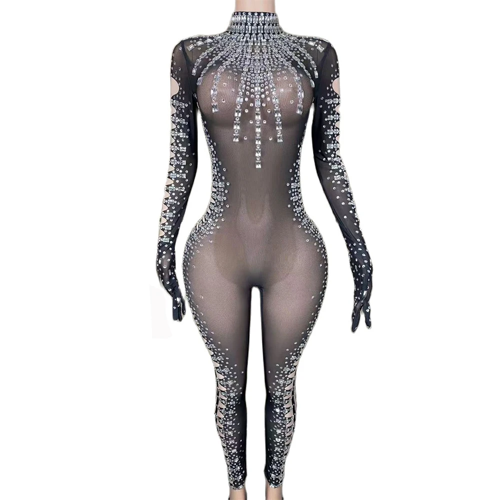 

Sparkly Silver Rhinestones Transparent Jumpsuit Celebrate Sexy Stage Black Mesh Gloves Bodysuit Birthday Prom Photoshoot Outfit