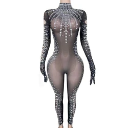Sparkly Silver Rhinestones Transparent Jumpsuit Celebrate Sexy Stage Black Mesh Gloves Bodysuit Birthday Prom Photoshoot Outfit