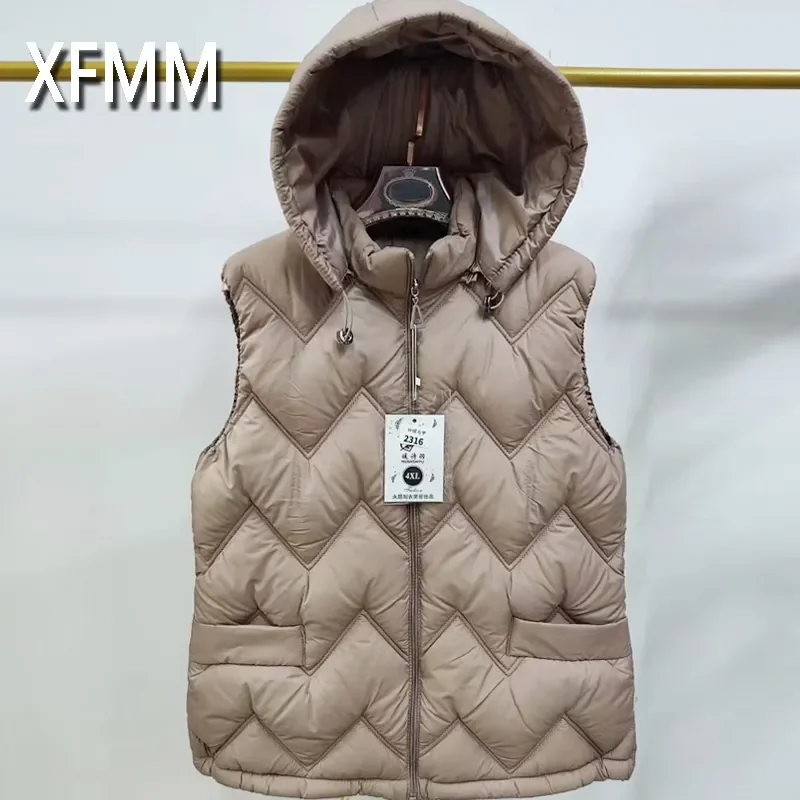 

Solid Color Hooded Down Cotton Vest for Middle Aged Women Autumn Winter Loose Added Velvet Warm Sleeveless Coat Top