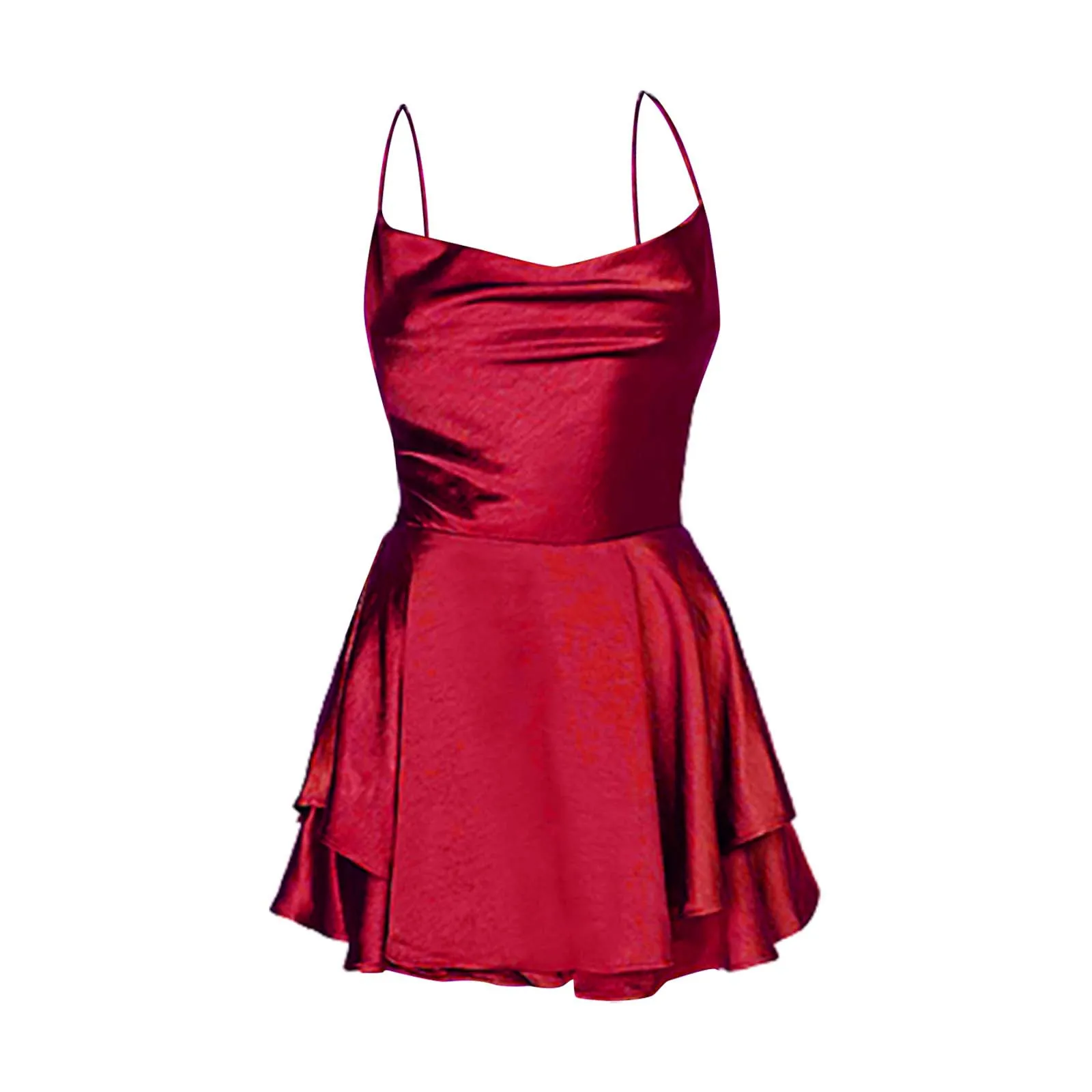 Sexy vermelho suspensórios cetim halter cinta mini vestido dupla camada drapeado cruz sem costas bandage vestido eeveing festa formal vestidos