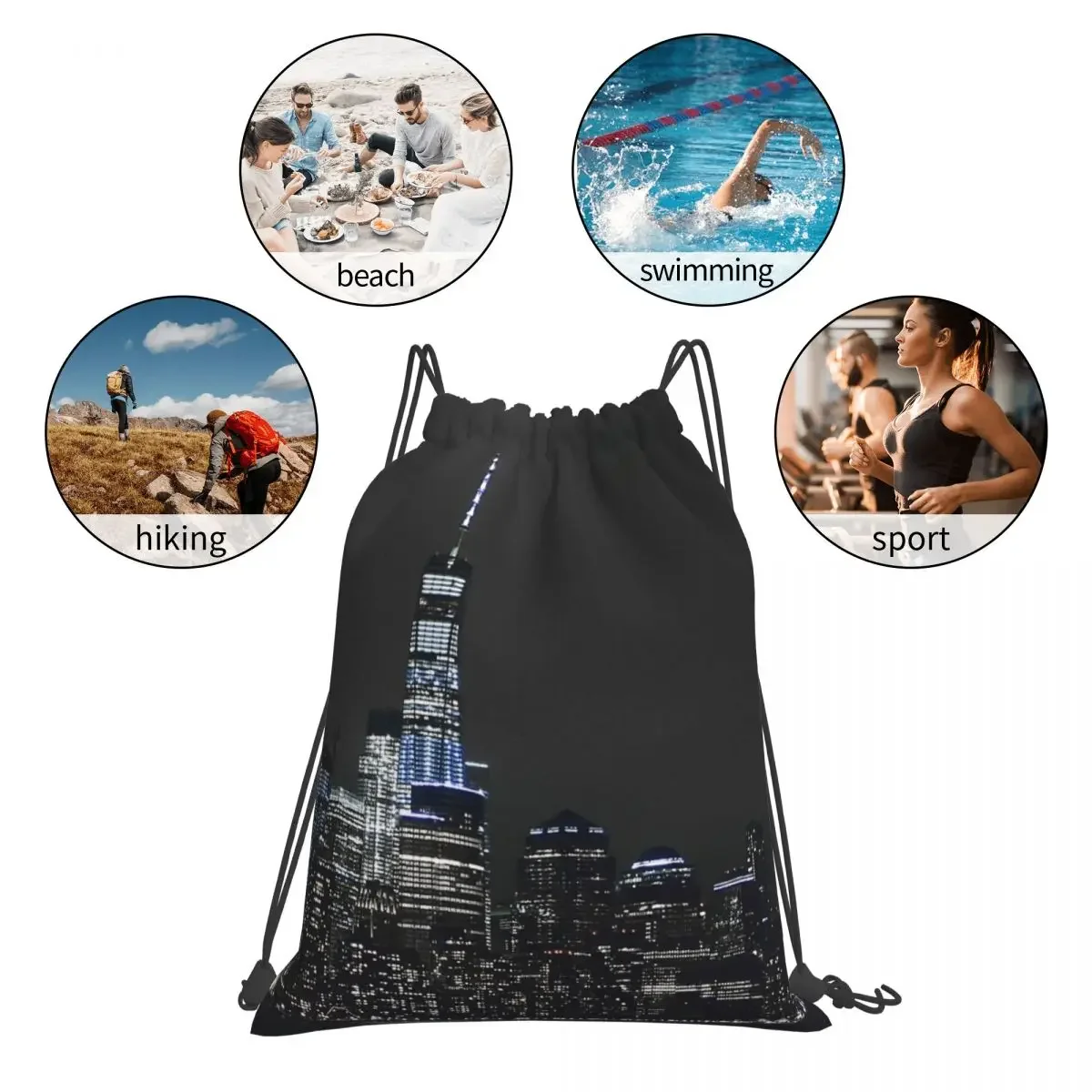 New York City Skyline Night Time Backpack Casual Portable Drawstring Bag Drawstring Bundle Pocket Sundries Bag For Travel School