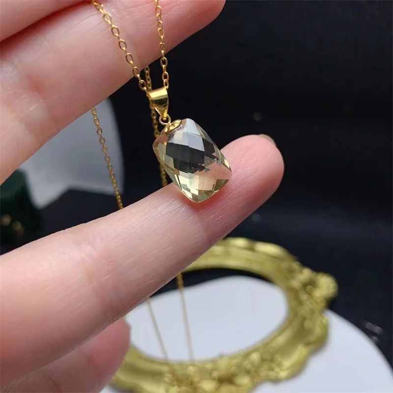 Real 925 Silver Pendant Necklace for Women Girl Lady Gift Natural Genuine Lemon Quartz with Free Certificate