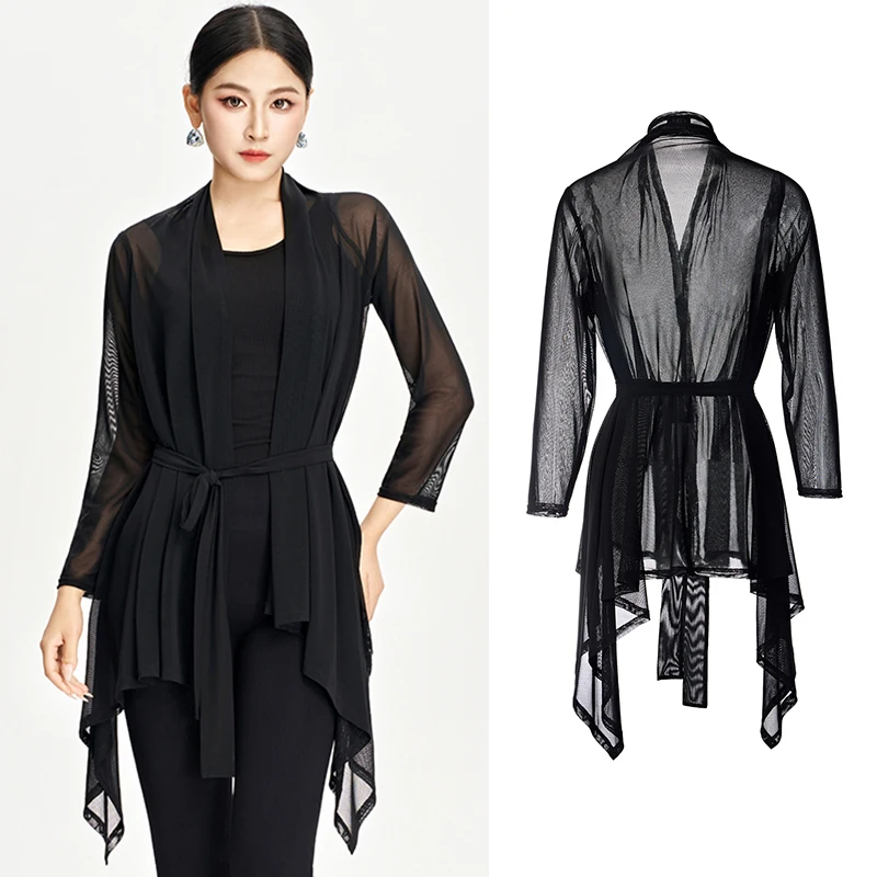 

2025 Adult Latin Dance Training Outfit Women Long Sleeve Black Mesh Smock Cha Cha Rumba Dancer Practice Wear Latin Tops VDL4843