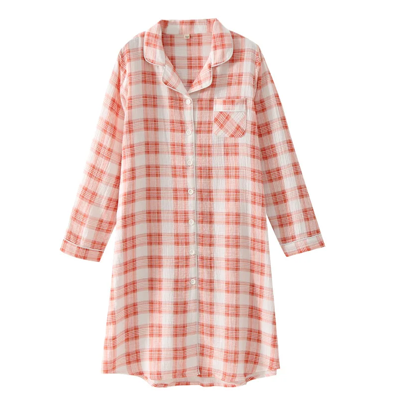 Spring / Autumn Plaid Sleepshirts Double-layer Gauze Cotton Women\'s Home Clothing Thin Long Sleeved Casual Lapel Pajama Skirt