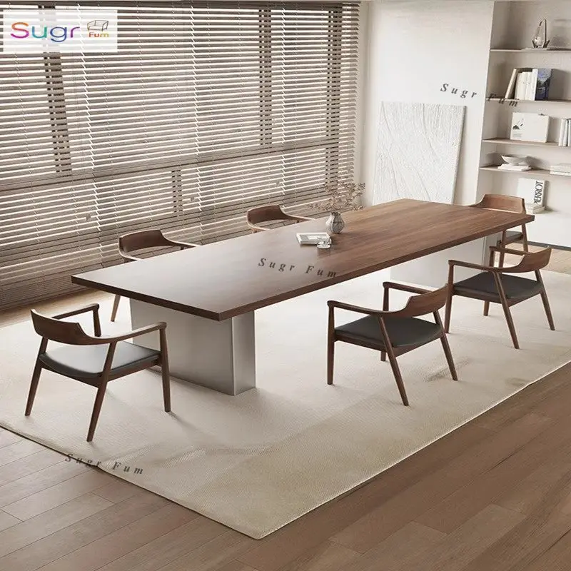 Solid wood conference table Simple modern office computer desk Large board Small log long table Walnut color long table