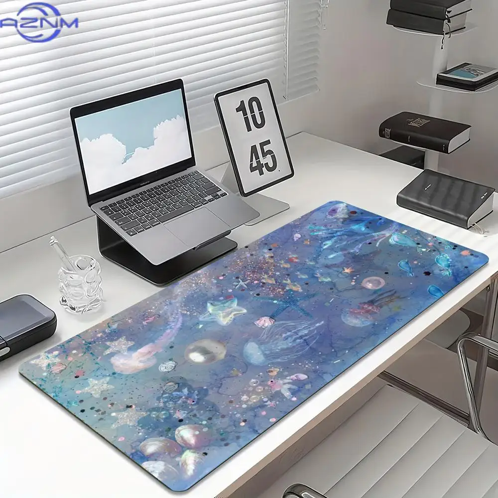 Dreamy Jellyfish Extended Desk Mat Non Slip Rubber Base Stitched Edge Gaming Keyboard Table Mat For Laptop Office Daily Use