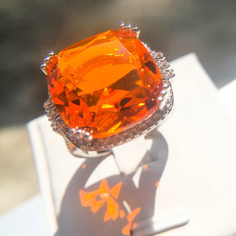 Anillo de topacio de circón grande para mujer, piedra cuadrada geométrica de Color naranja exquisita, joyería de fiesta, novedad de 2022