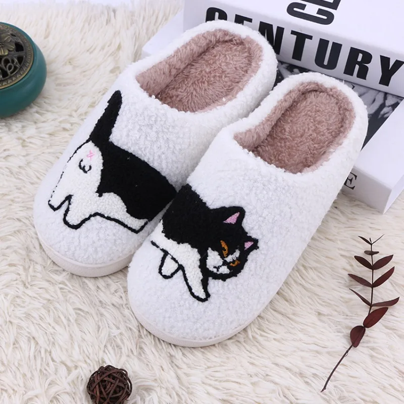 Cartoon Cow Cat Plush Slippers for Women Thickened Warm Fleece Lined Non Slip House Shoes Indoor Outdoor Winter Autumn Cozy Home