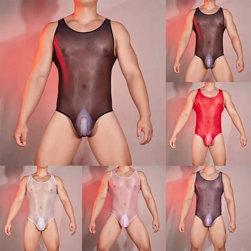 Oil Glossy See Through Stretchy Sleeveless Playsuit For Men Sexy Bodysuit Sheer Mesh Perfect Swimwear And Lingerie Choice