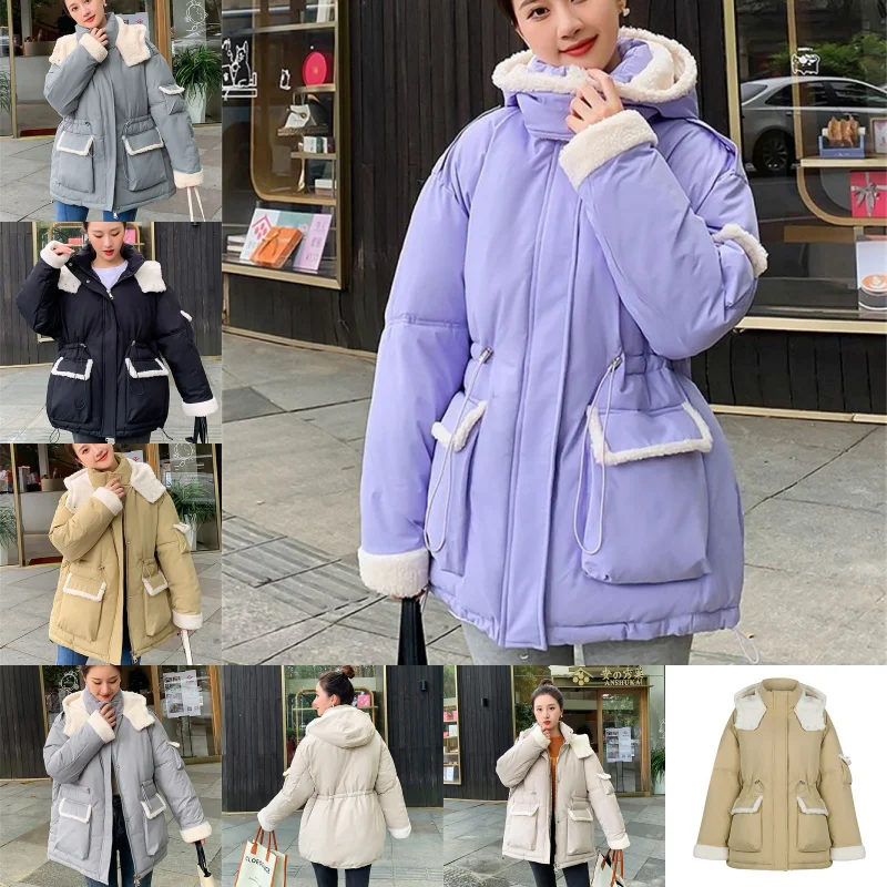 

2023 Parkas Winter Down Cotton-padded Jacket Women Lambswool Spliced Coat Thicken Overcoat Female Loose Outerwear Hooded Coats