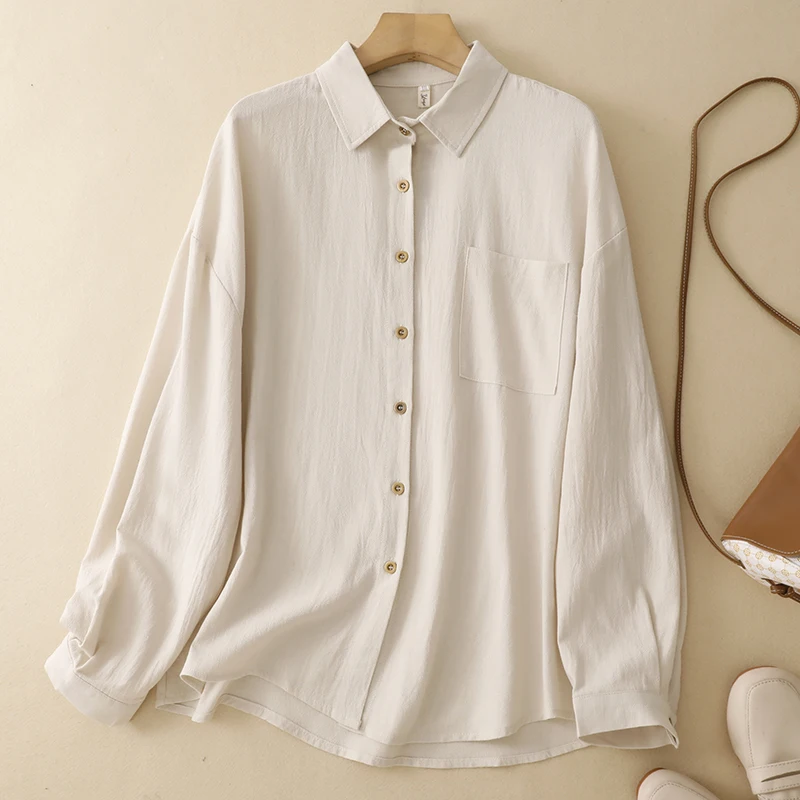 

2026 Spring New Retro Cotton Linen High-quality Loose Soft Casual Shirt Women Long Sleeve Blouse Basic
