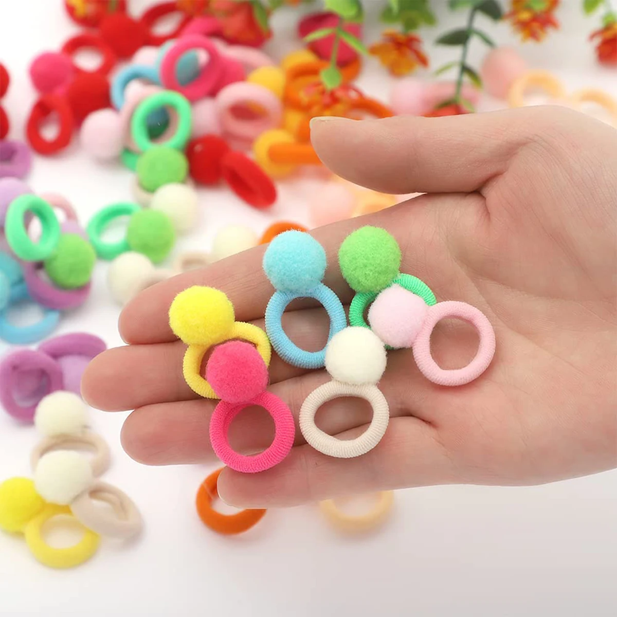 50Pcs Kids Elastic Hair Bands Girls Plush Ball Rubber Band For Children Sweets Scrunchie Hair Ties Clip Baby Hair Accessories