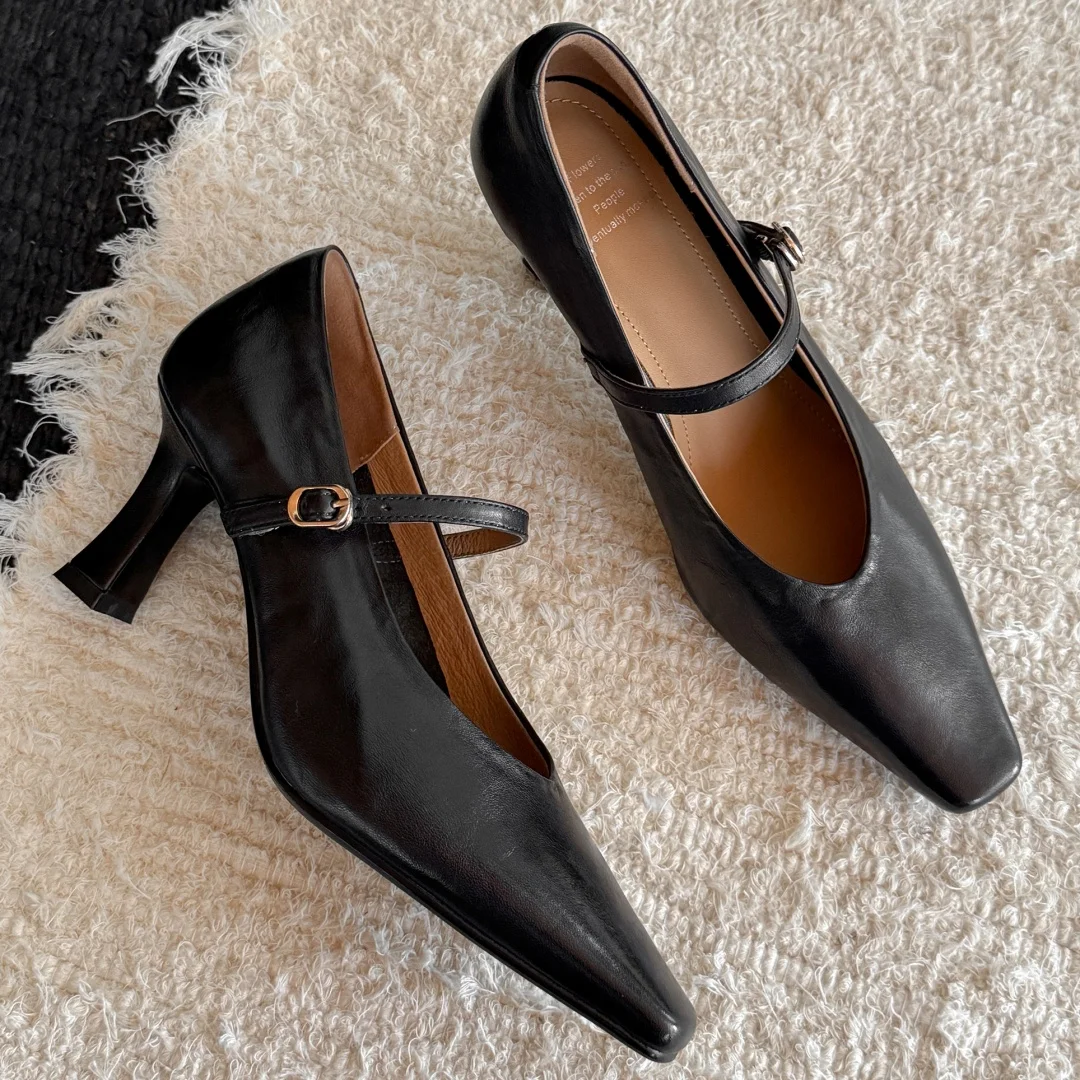 

Women's cow leather square toe metal buckle slip-on retro OL style Mary Jane pumps elegant ladies slim daily dress heeled shoes