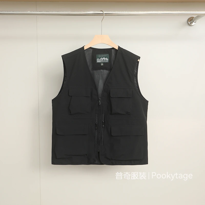 Good-looking wear a top for men spring and autumn outdoor zipper multi-pocket cargo vest loose large size standing collar coat