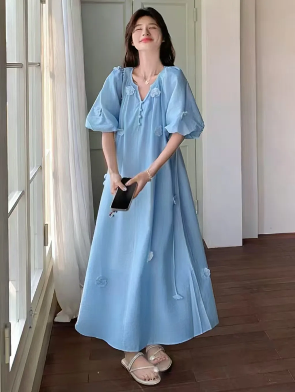 

Summer Women's Fairy Tale Dress High Waist Slim Short Sleeve V-Neck A-Line Long Dress Lantern Sleeve Three-Dimensional Decora...