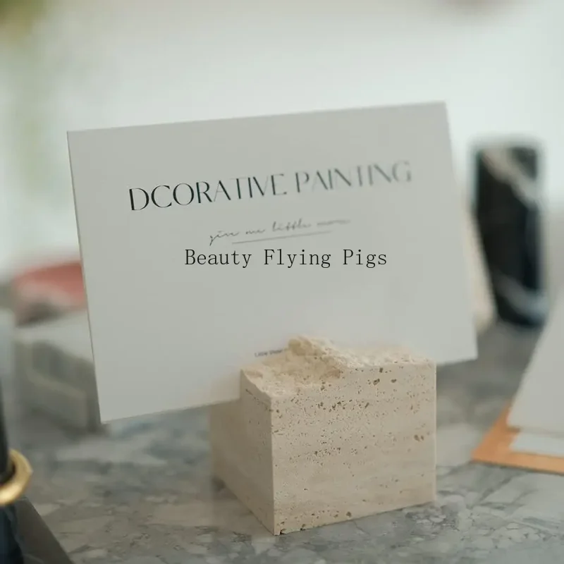 

Natural Travertine Stone Business Card Holder for Desk Polished Marble Wedding Table Signs Photo Display Desktop Memo Holder