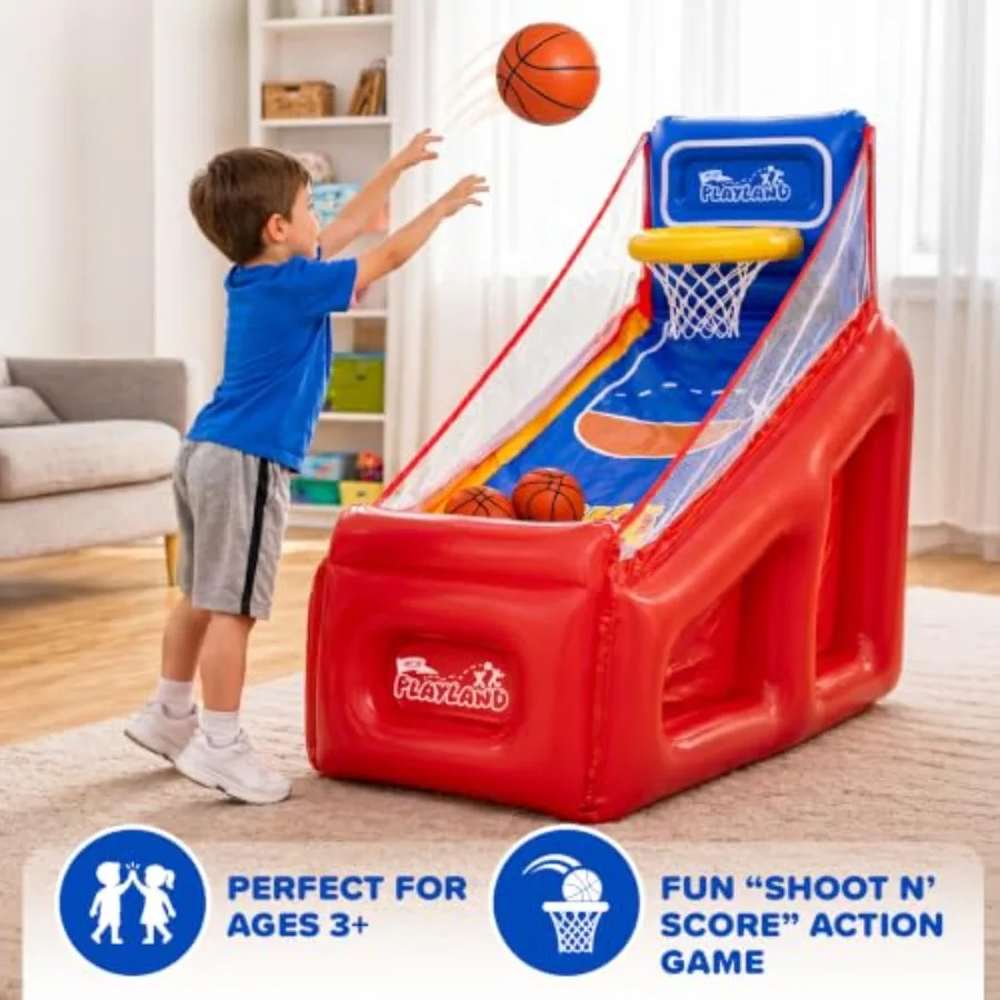 Outdoor inflatable basketball hoop and arcade toss game for backyard parties, made of durable PVC, blue and red color, featurin