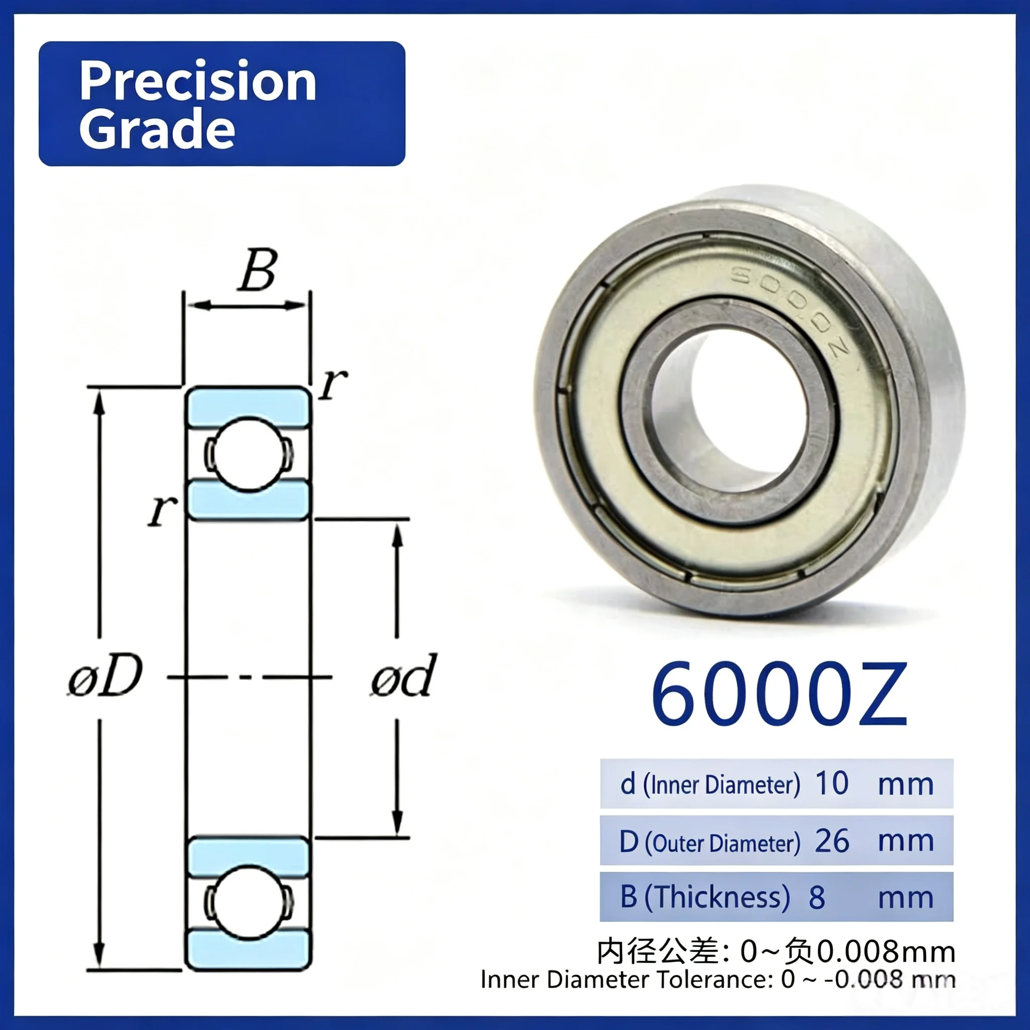 High-speed, precision and silent bearing, model 6000 6001 6002 6003 6004 6005 6006 6007 6008 Z/RS