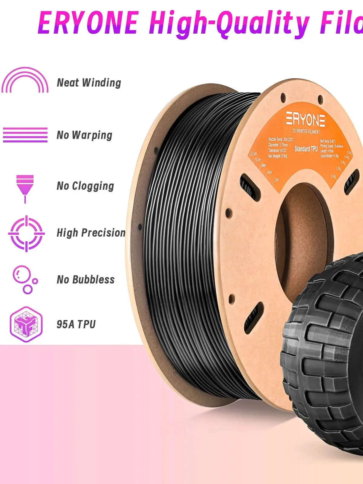 Filament Eryone 500G TPU Premium do druku 3D, Dostępne różne kolory, 500g filamentu TPU, Wielka Wyprzedaż, 500G/Szpula — zdjęcie produktu 7