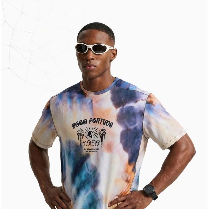 Men's Tie-Dye Totem Print Short Sleeve Running T-Shirt High Stretch Breathable Casual Round Neck Athletic Top Unisex