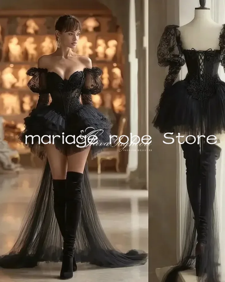 Czarne gotyckie wiktoriańskie krótkie sukienki na bal maturalny, galę, imprezę, bufiaste rękawy, sznurowany gorset, tiulowa spódnica, lolita, suknia wieczorowa, szyte na miarę