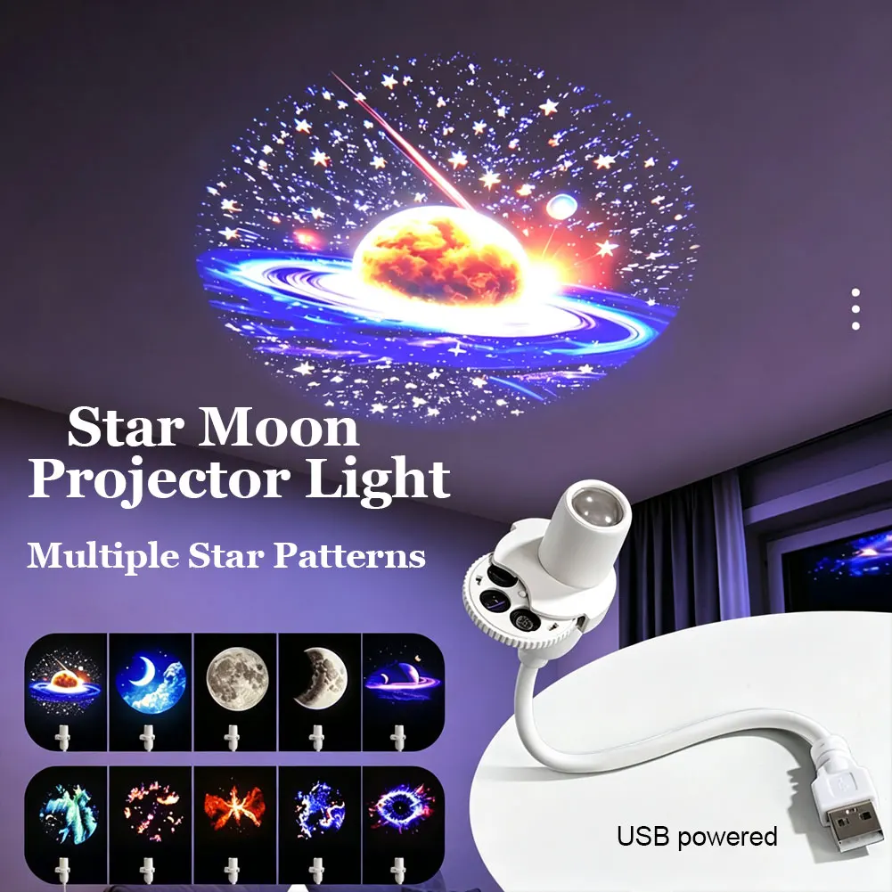 Car Decorative Light LED Night Light Moon Star Atmosphere Night Lamp Starry Sky Light USB Plug in 360°Rotating Projector