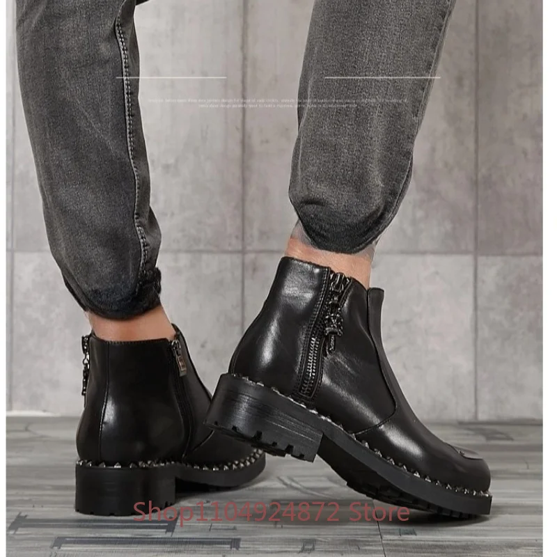 Designer Thick Soled Genuine Leather Men's Boots Cowhide Work Metal Round Toe Rivet Outdoor Motorcycle Chelsea Ankle Boots Male