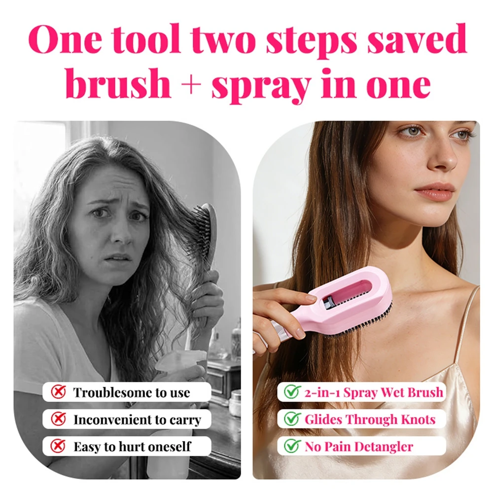 3Pcs Hair Brush Grooming Set Beech Wood Bristle Slick Back Brush 2-in-1 Mist Spray Detangler Rat Tail Comb Anti Frizz Styling