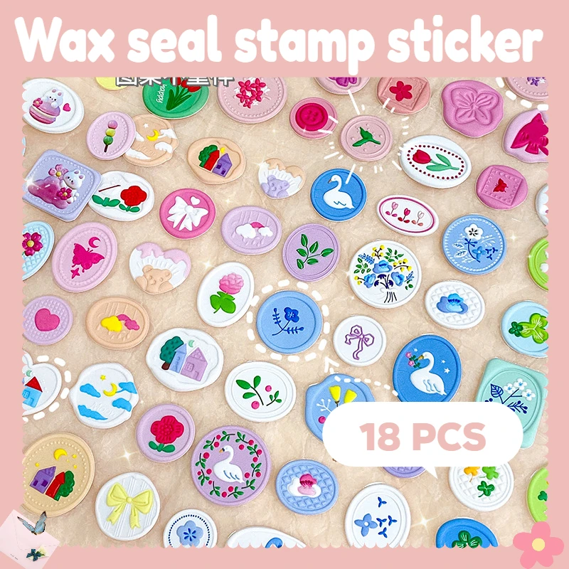 18Pcs Cute Cartoon Wax Seal Stamp 3D Sticker Scrapbooking Journal Planner DIY Deco Paster Kids Stationery Decal Envelope Sealing
