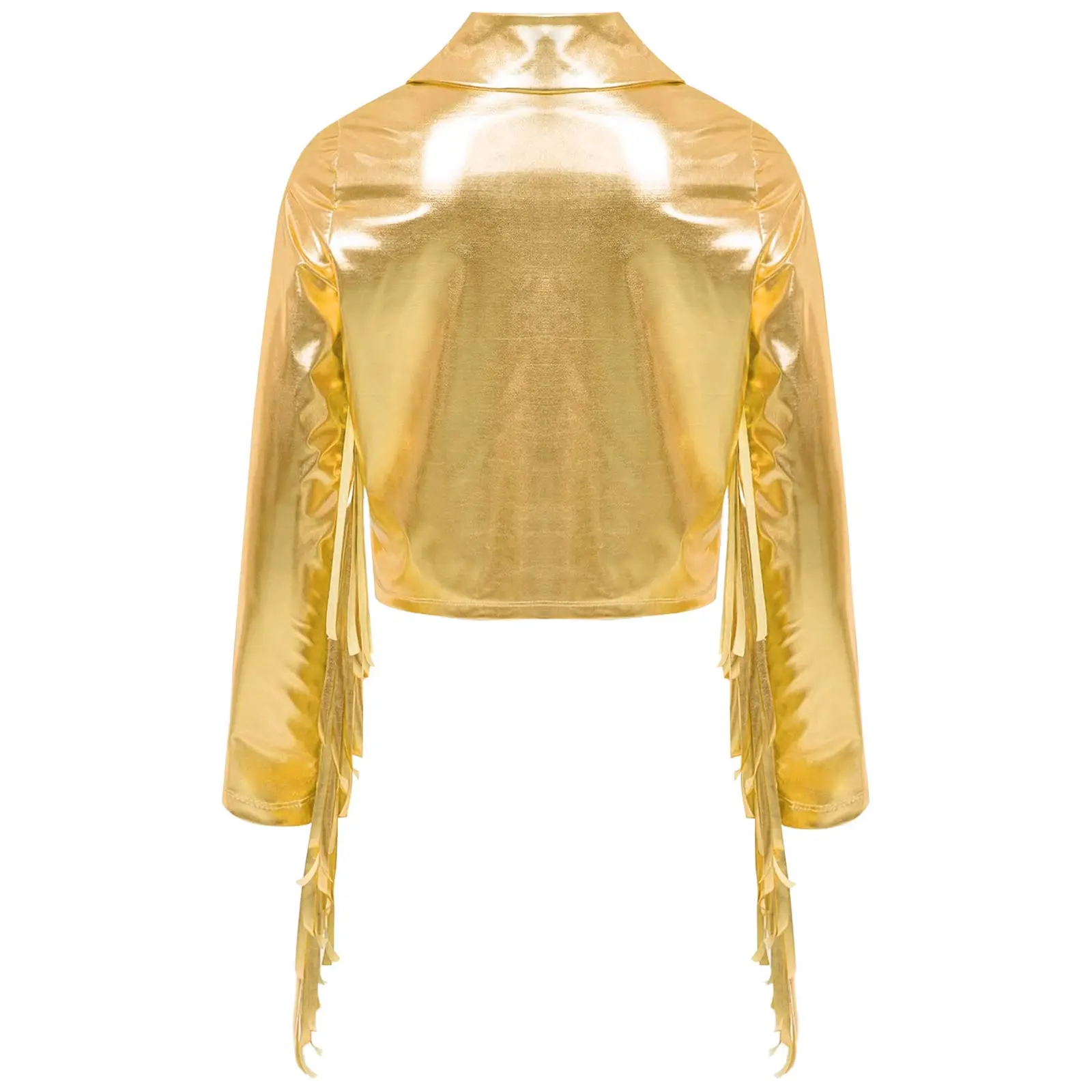 Kids Girls Tassels Metallic Jacket Top Fringe Shiny Turn-Down Collar Long Sleeve Zipper Jacket Coat for Hip Hop Street Dance
