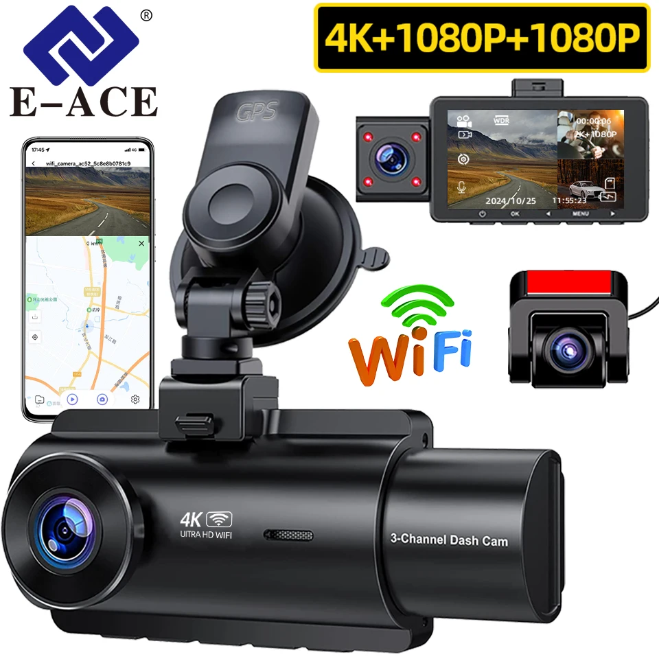 E-ACE 3 Channel Dashcam 4k gps wifi 24h parking front and rear auto car dvr dash cam camera mirror Video recorder Black box