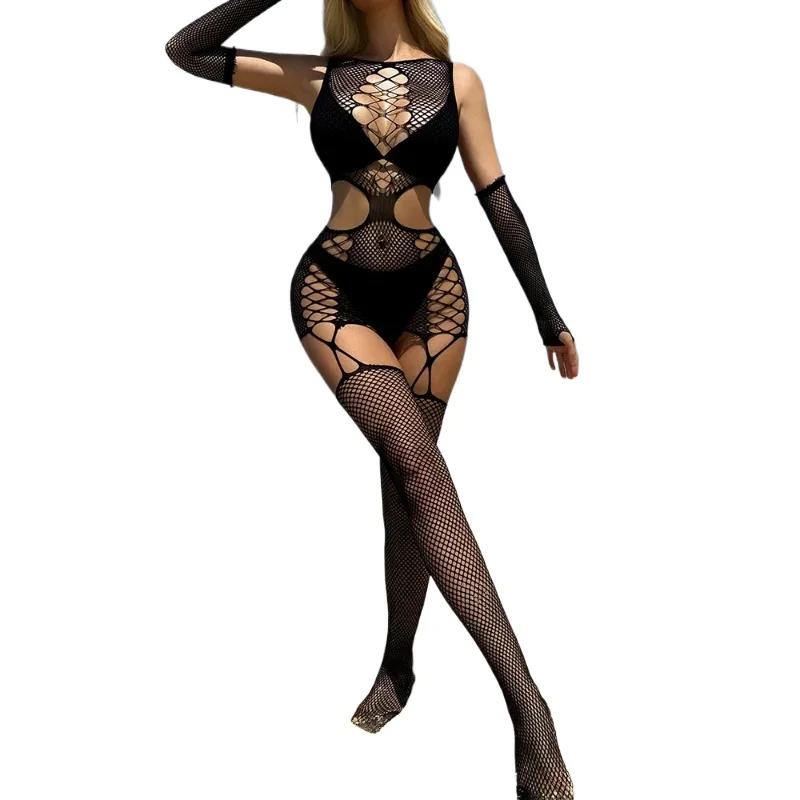Women Fishing Net Jumpsuit Sexy Hollow Out Transparent Long Sleeved Mesh Open Crotch Bodysuit See-Through Erotic Sleepwear