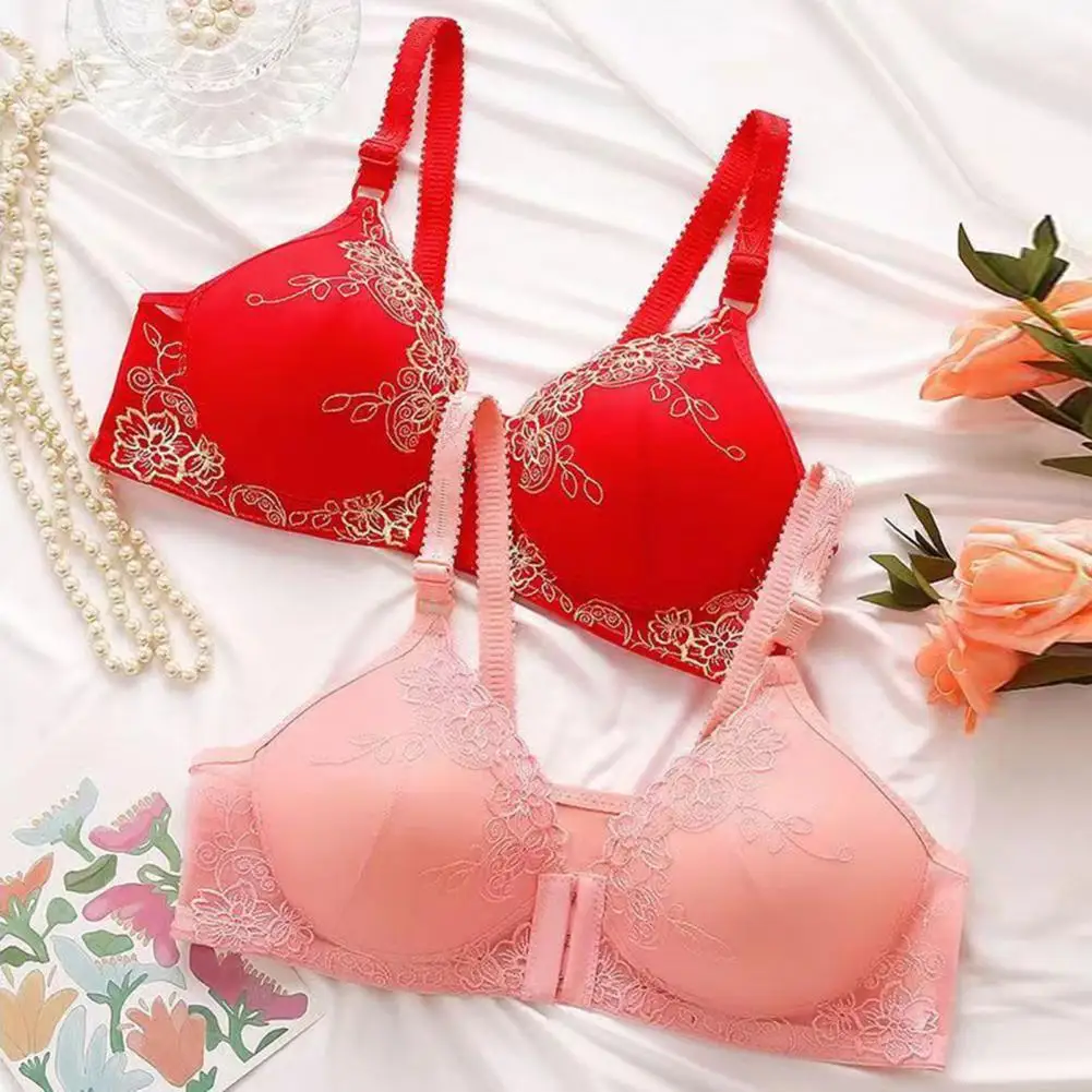 Adjustable Shoulder Strap Bra Supportive Lace Jacquard Trim Bras for Comfortable Lightweight Middle-aged Elderly Women