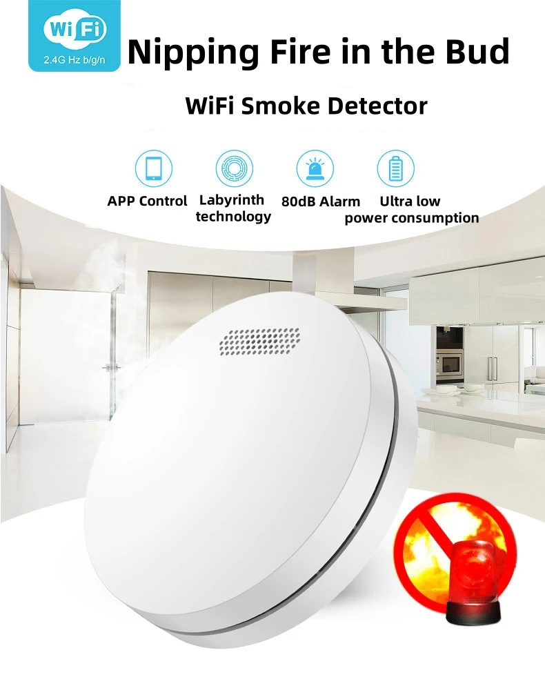 Sensor detektor asap cerdas, Wifi, perlindungan api nirkabel, Alarm asap, Sensor keselamatan sensitivitas tinggi, 80DB