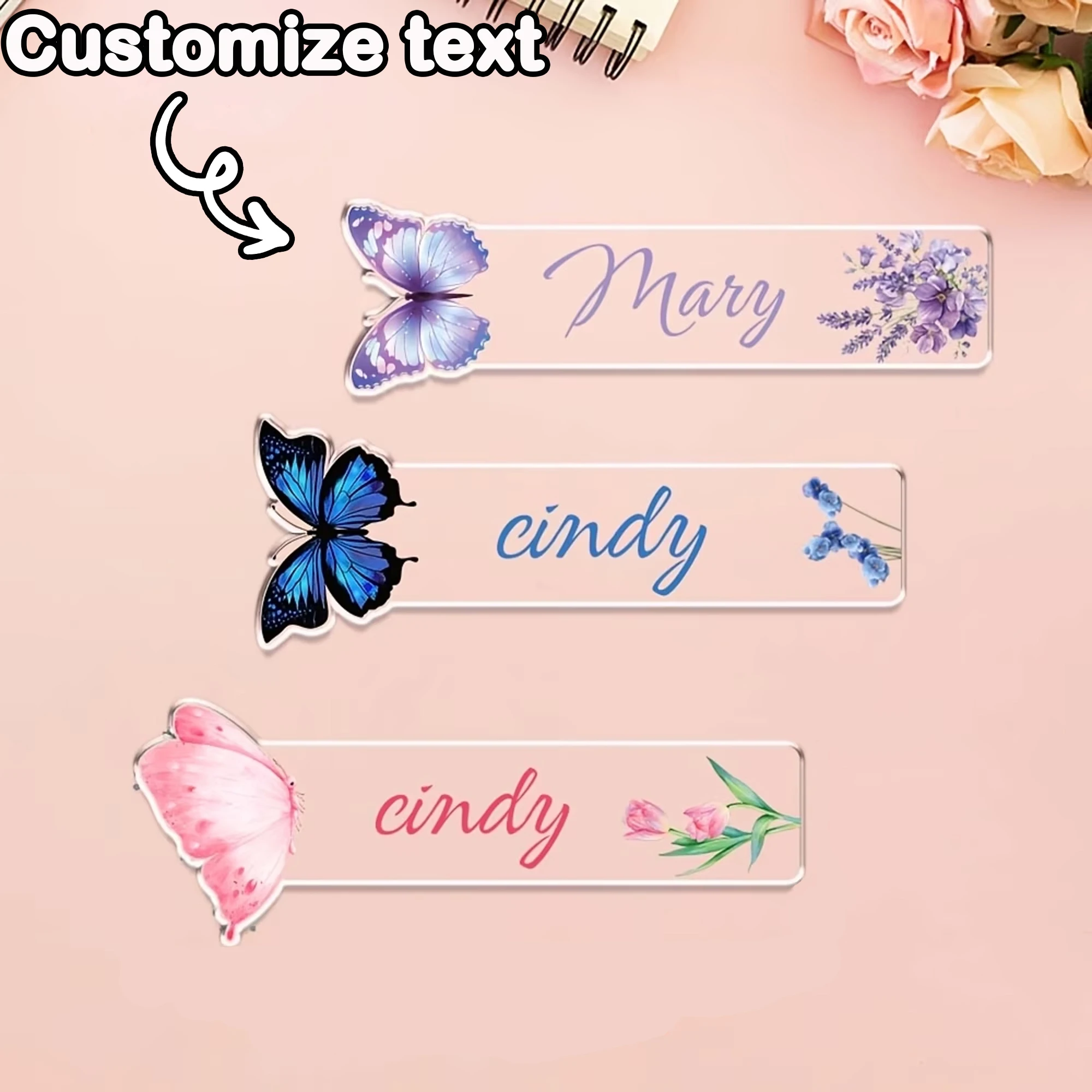 Personalized Name/Text Bookmarks, Available in Multiple Languages and Colors—Supports Multiple Languages, Spring Tulip Butterfly Page Markers, Ideal Gifts for Book Lovers and the Office, Can Be Customized in Bulk, Empl