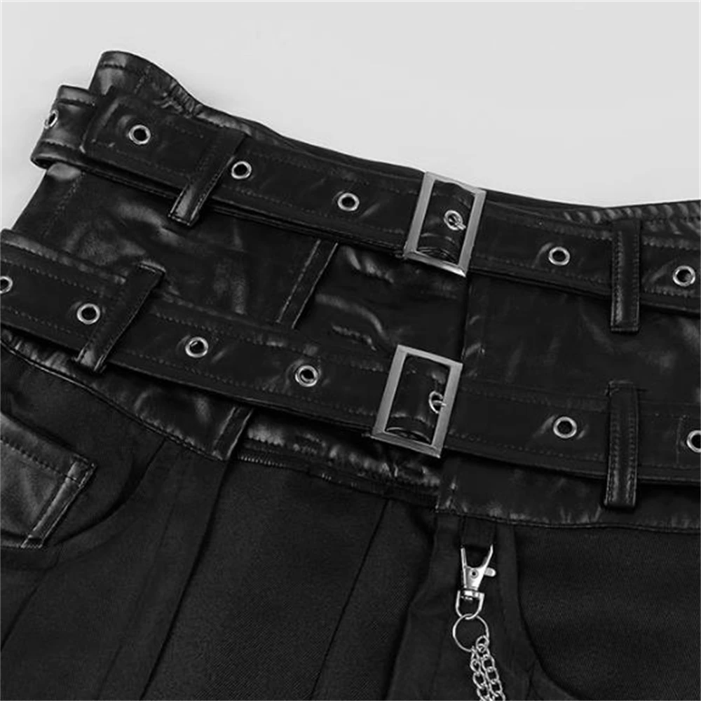 Punk Pleated Skirt Open Front Men\'s Gothic Leather Belt Medieval Roman Warrior Kilt Metal Stylish Clothing