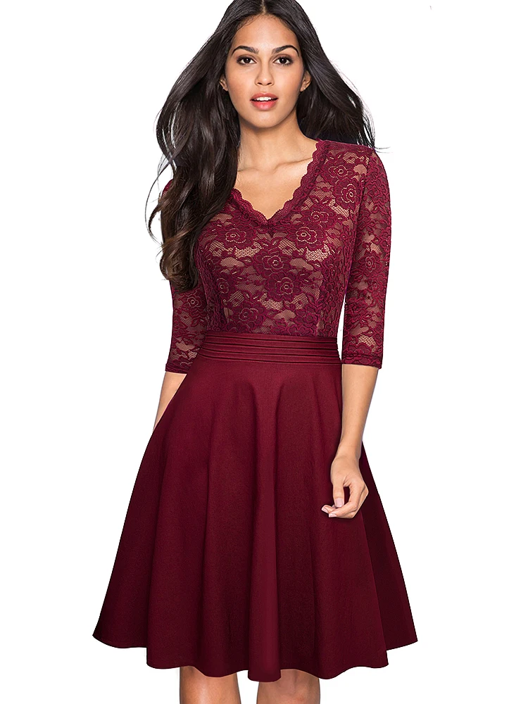 Nice-forever-우아한 빈티지 드레스 A062 여성용, 블랙 플라워 레이스 프릴 시스루 슬리브 a-라인 핀업 플레어 드레스