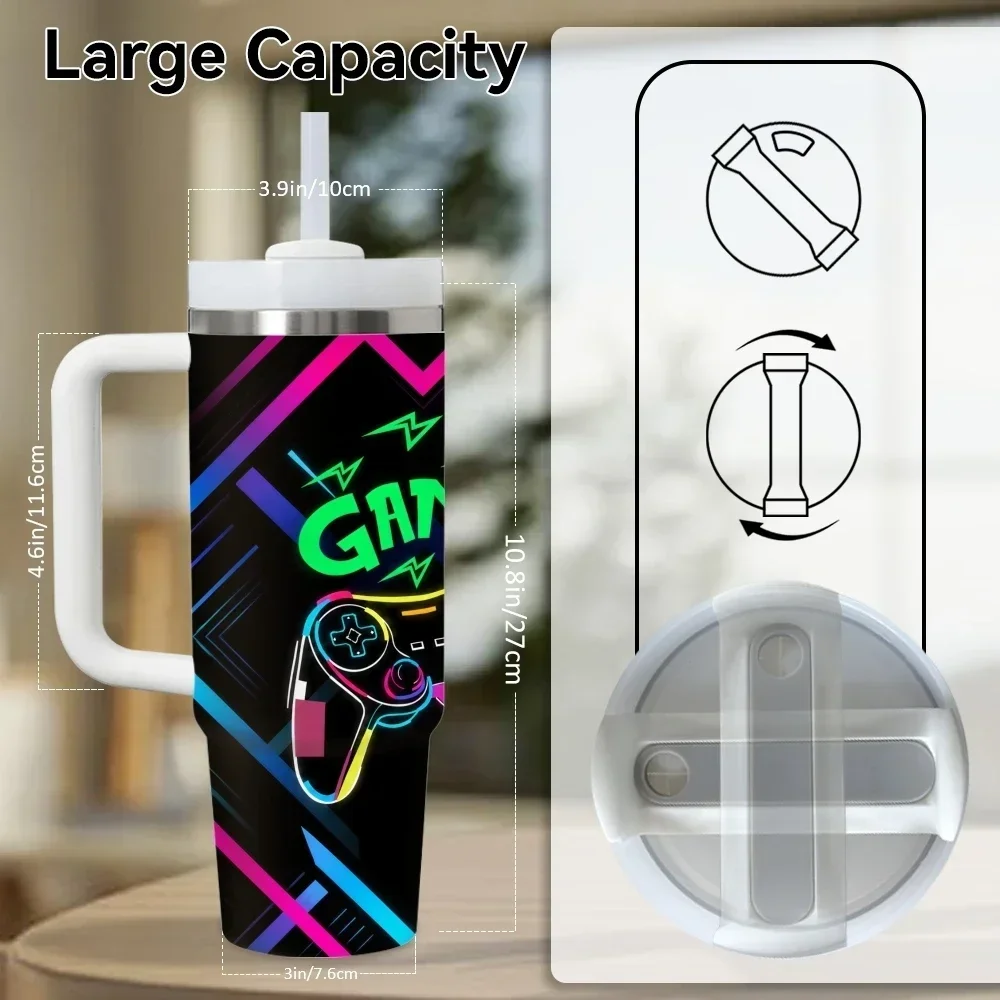 Cool Gaming Gift Vacuum Flasks 40oz Thermal Stainless Steel Tumbler with Handle Straw Leakproof Mugorders for other colors will be shipped randomly in black or white