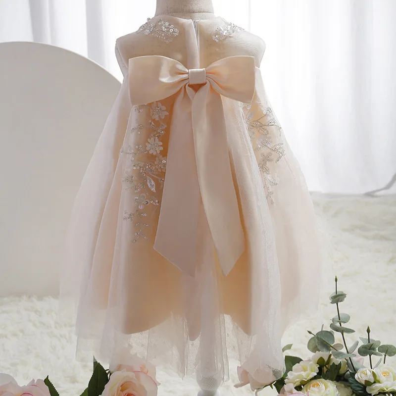 Baby Girls Champagne Beaded Empire Flower Girl Dress for Wedding Gray Tulle 1st Birthday Ceremonial Bow Gown for Toddler Kids