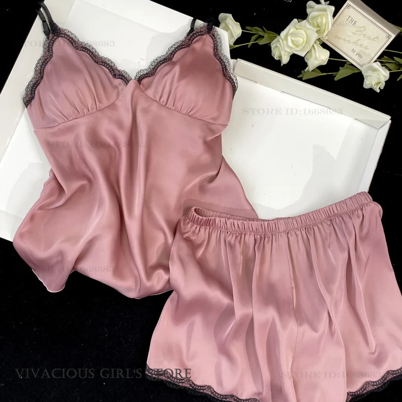 

Новый летний женский пижамный комплект: топ на бретельках и шорты, сексуальное кружевное интимное белье, пижамный костюм из шелкового атласа, домашняя одежда