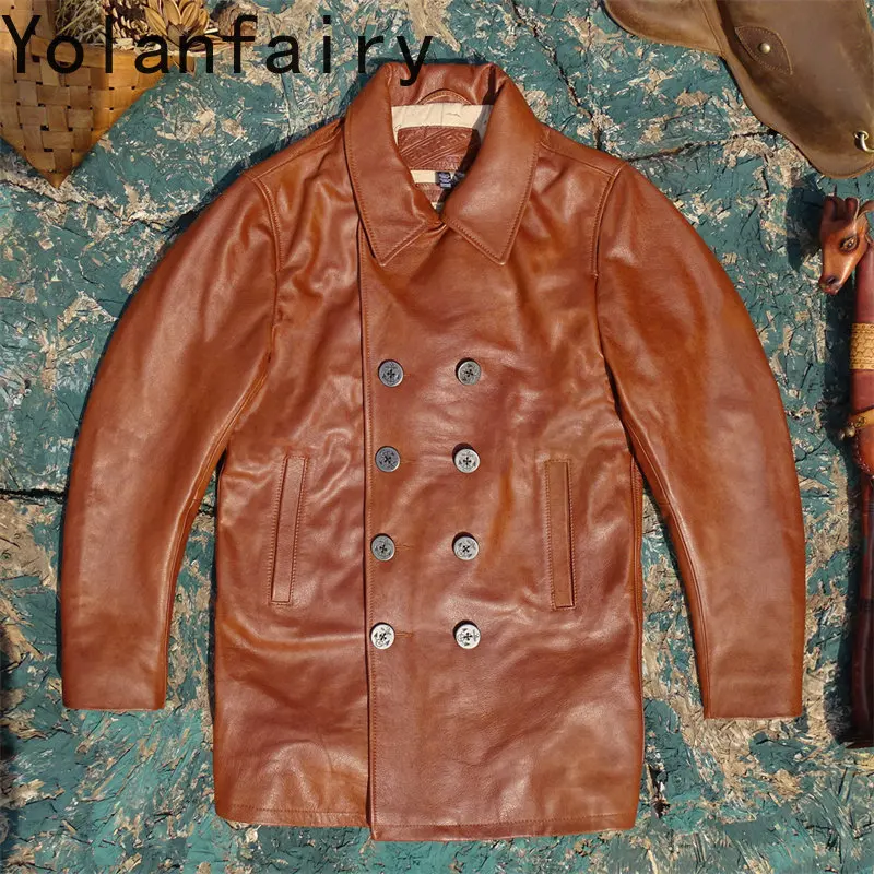 YOLANFAIRY Genuine Cow Leather Jacket Men Long Double Breasted Veg-Tan Leather Trench Coat Warm Padded Business Winter Outerwear