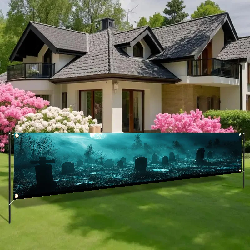 Spooky Graveyard Theme Decorative Banner - Large Rectangular Aesthetic Illustration Indoor Outdoor Wall Backdrop