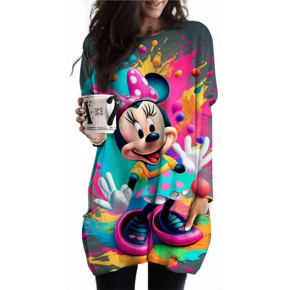 Women's T-shirt Disney Mickey Mouse printed long sleeved top for autumn daily loose long sleeved pocket pullover for women's com