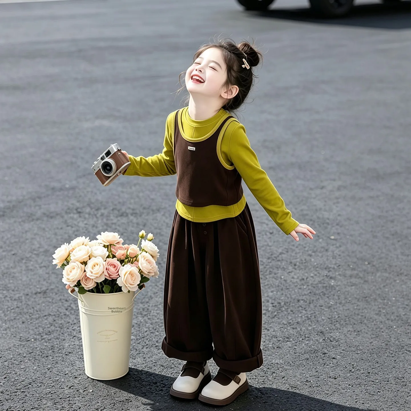 Girls Casual Two-Piece Set Autumn New Style Long Sleeve T-Shirt Brown Pants Comfortable Breathable Soft Material Cartoon Pattern